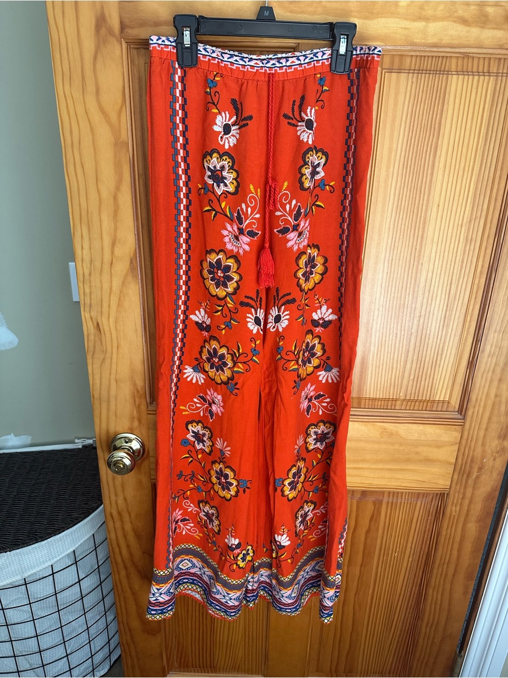 Flying Tomato Red Floral Embroidered Wide-Leg Pants